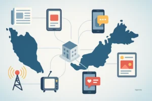 Isometric illustration of Malaysia map with media icons showing PR in Malaysia across Peninsular & East Malaysia.