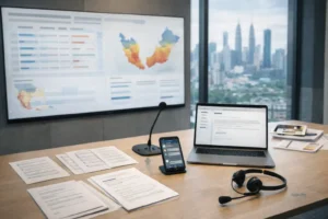 Crisis communications in Malaysia command room setup with incident timeline dashboard and approvals channel, no readable text.
