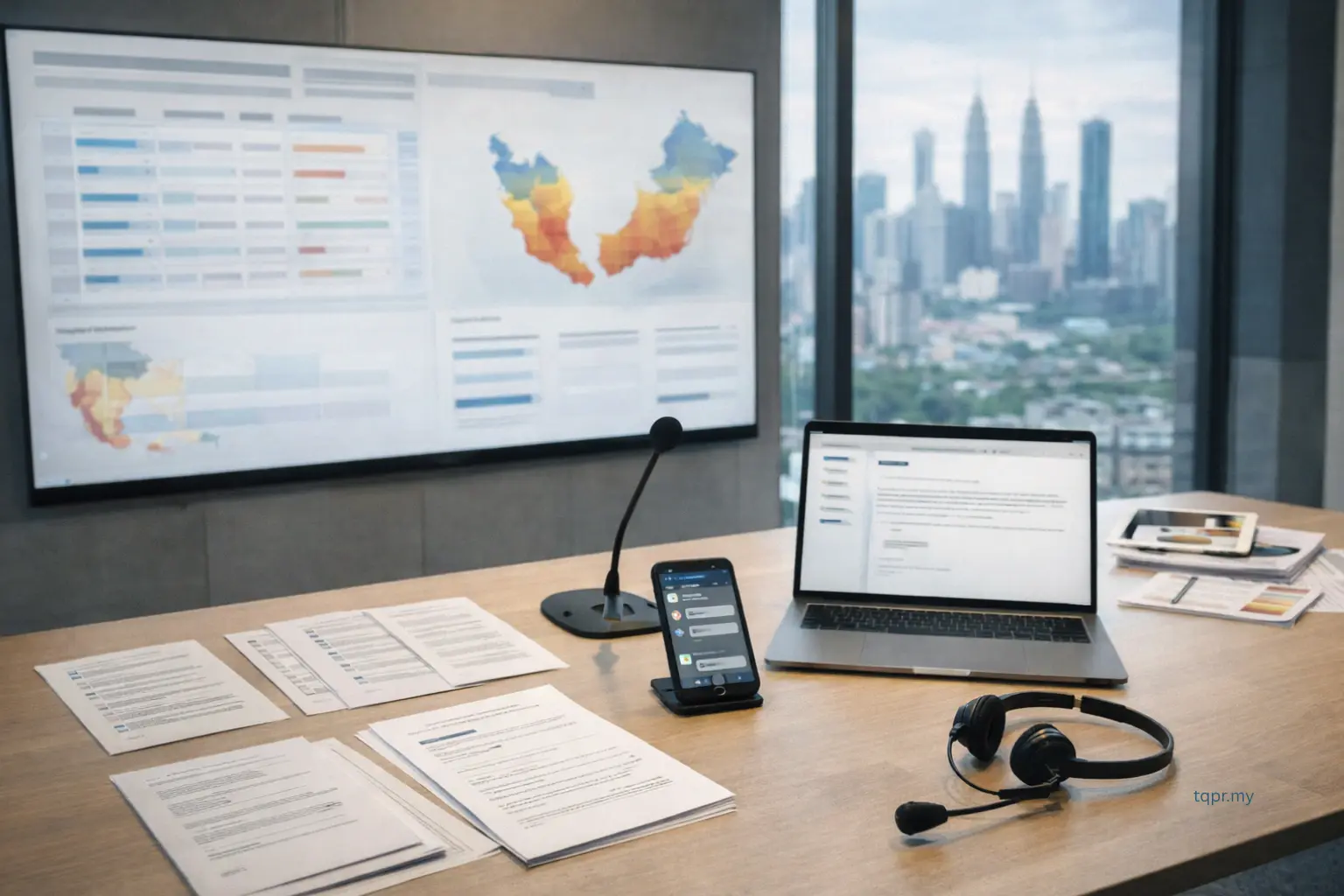 Crisis communications in Malaysia command room setup with incident timeline dashboard and approvals channel, no readable text.