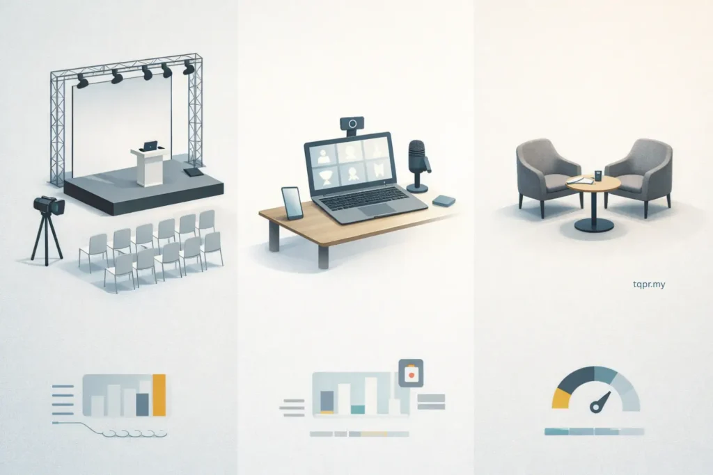 PR Format in Malaysia comparison diagram showing press event, virtual media briefing and one on one briefing, no text.