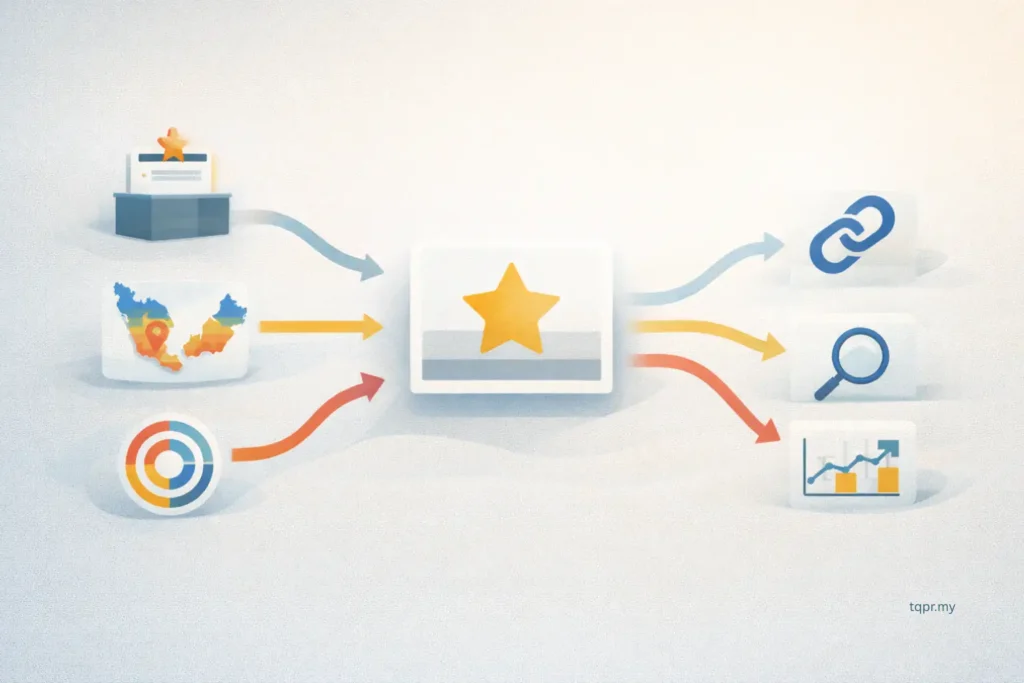 Public Relations KPIs in Malaysia scoring model diagram linking outlet influence, geography and audience fit to outcomes, no text.