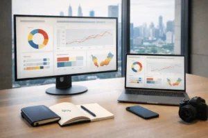 Public Relations KPIs in Malaysia dashboard scene showing share of voice, weighted reach and sentiment charts, no readable text.