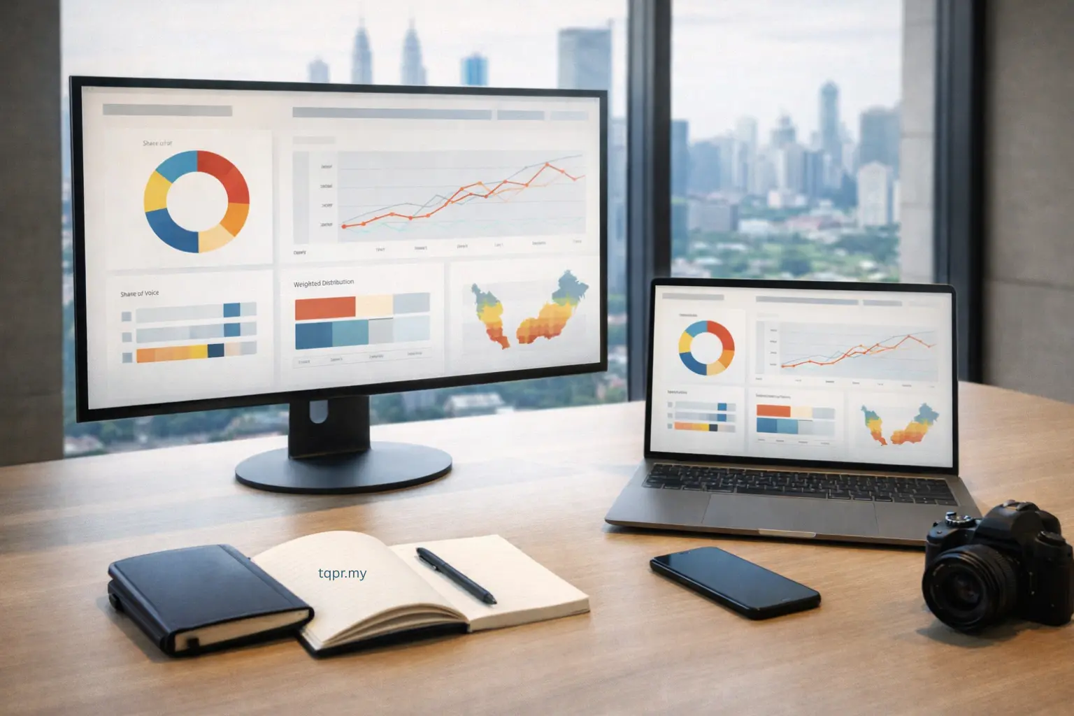 Public Relations KPIs in Malaysia dashboard scene showing share of voice, weighted reach and sentiment charts, no readable text.