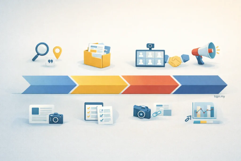 Public relations launch plan in Malaysia timeline diagram with four phases for foundations, assets, briefings, and amplification.