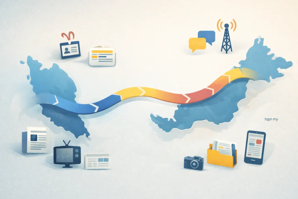 Public relations launch plan in Malaysia shown as a map with a four phase 90-day PR timeline and media icons.