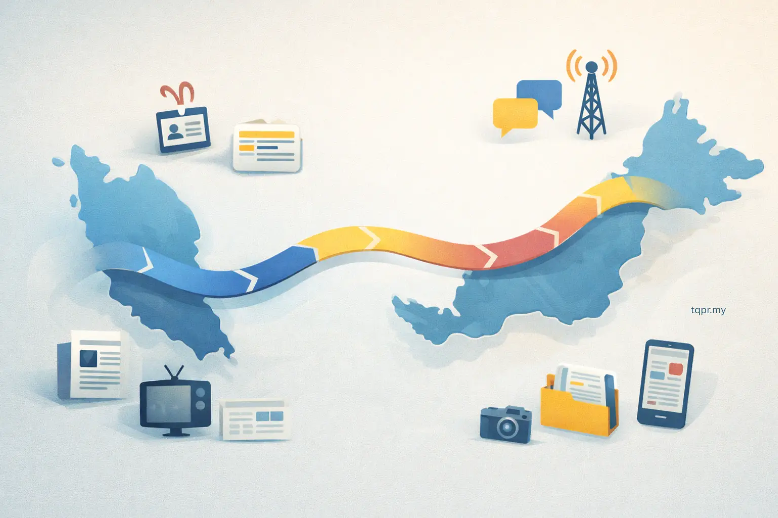 Public relations launch plan in Malaysia shown as a map with a four phase 90-day PR timeline and media icons.