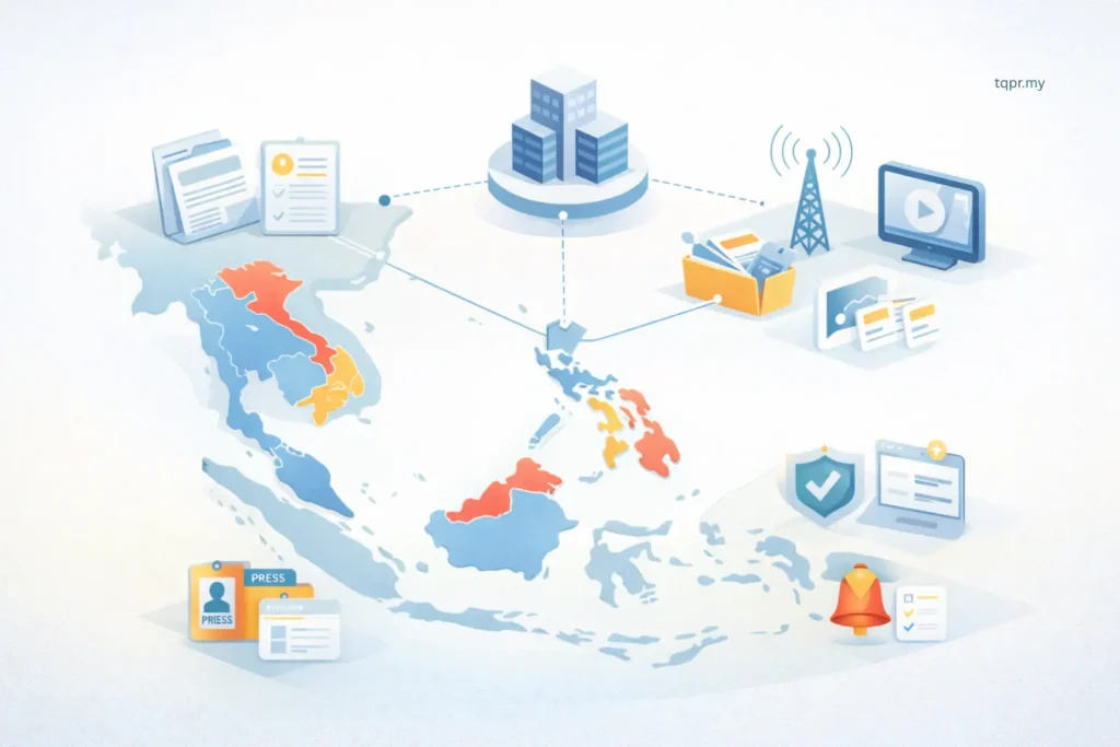 Multi-market pr planning map highlighting Malaysia, Thailand, and Vietnam with PR channel icons, no text.