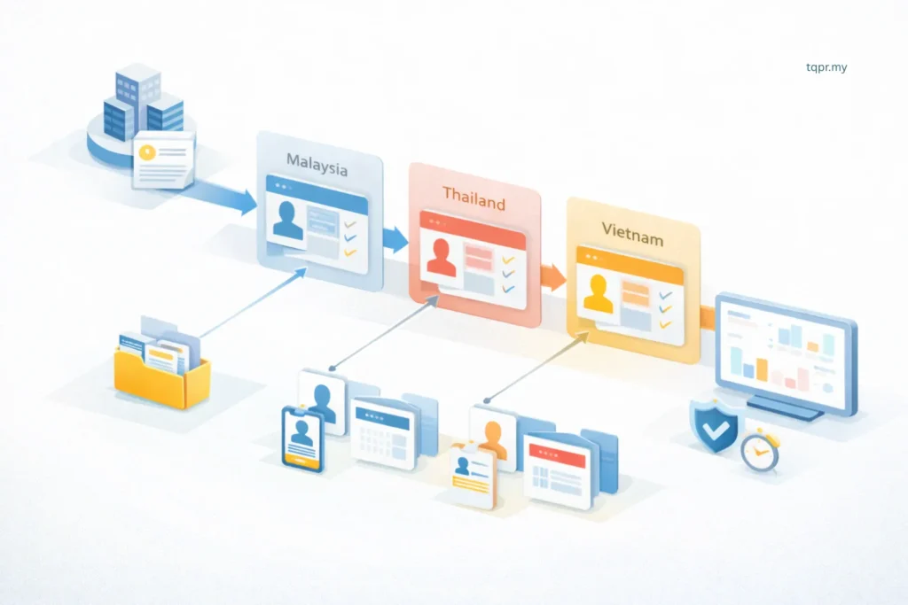 Multi-market public relations planning workflow diagram showing regional hub, country playbooks, localization, and unified KPIs, no text.