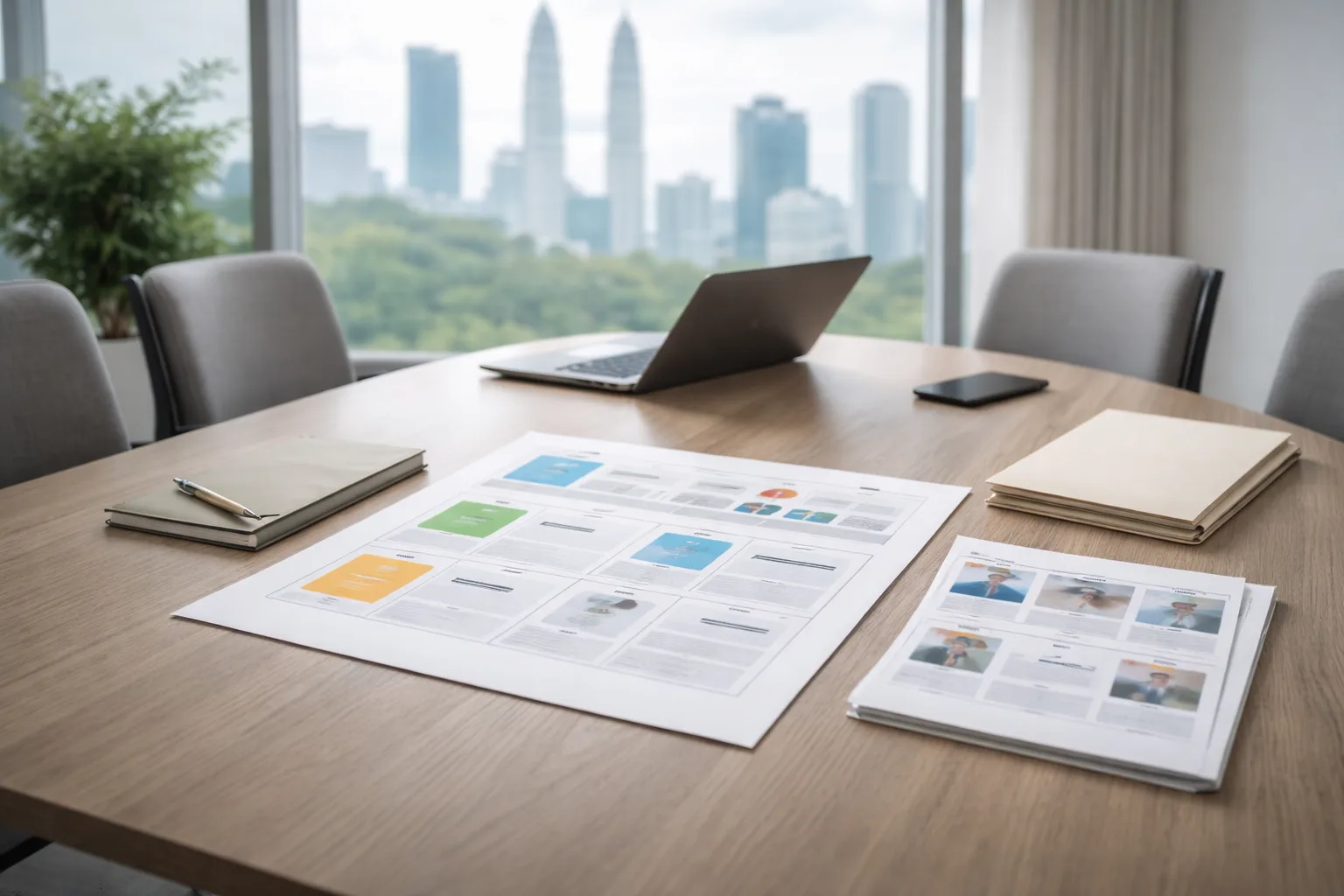 Public Relations Agency in Malaysia one page brief template diagram showing key sections using icons only.