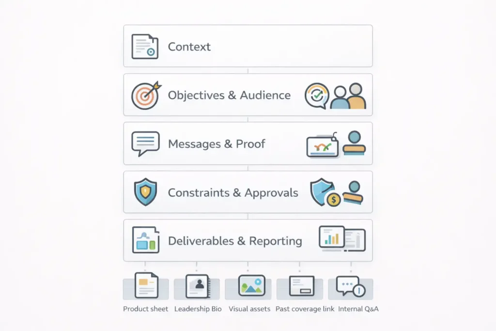 How to Brief a Public Relations Agency in Malaysia: 10 Things We Wish Every Client Shared 2 Public Relations Agency in Malaysia one page brief template diagram showing key sections using icons only.