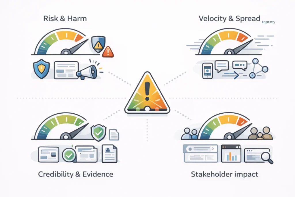 Social Media Backlash to Reputation Crisis: A Public Relations Response Framework 2 Social Media Backlash to Reputation Crisis framework diagram showing risk, velocity, credibility, and stakeholder impact as icon modules.