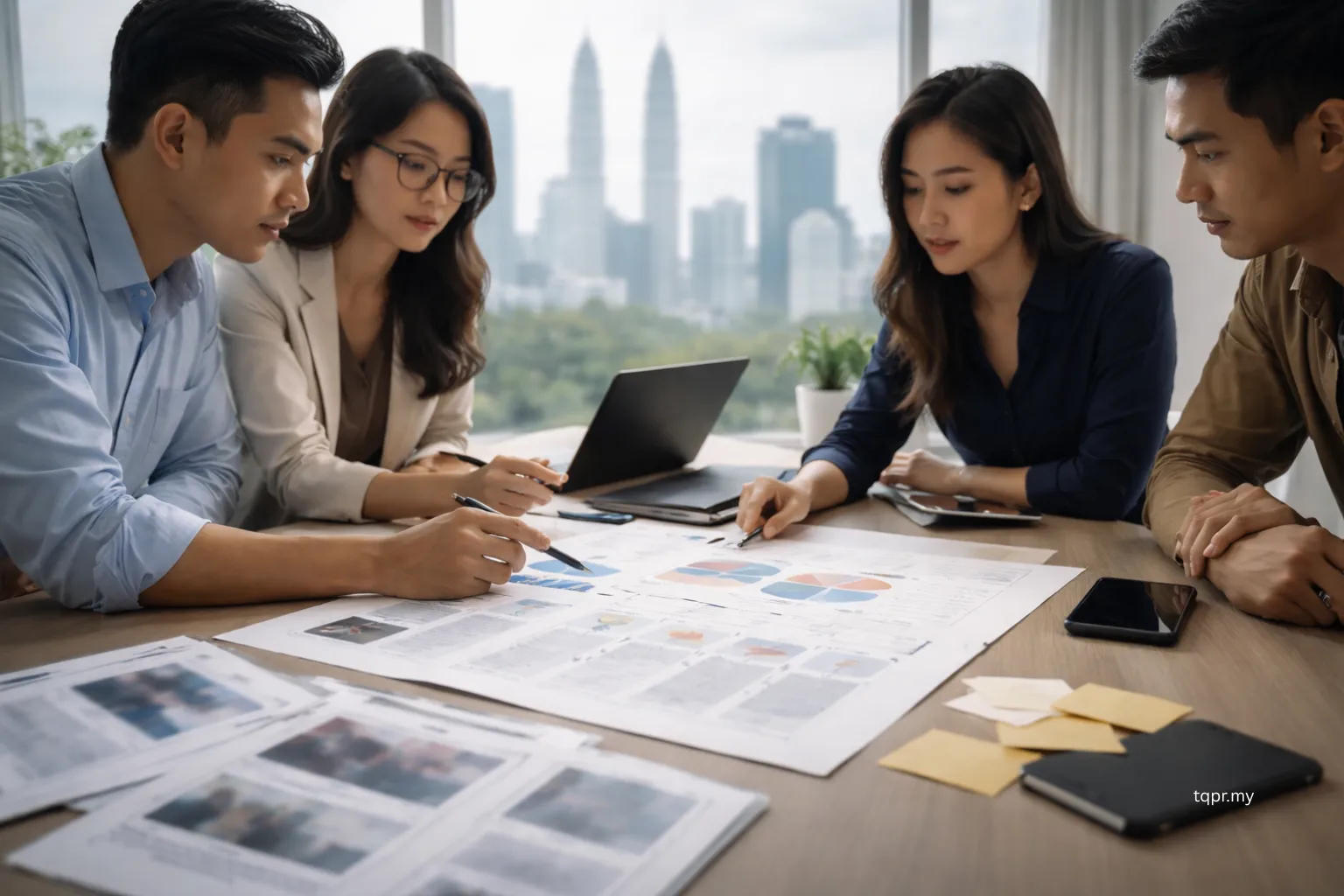 Social Media Backlash to Reputation Crisis war room scene with a comms team coordinating a structured response in Kuala Lumpur.