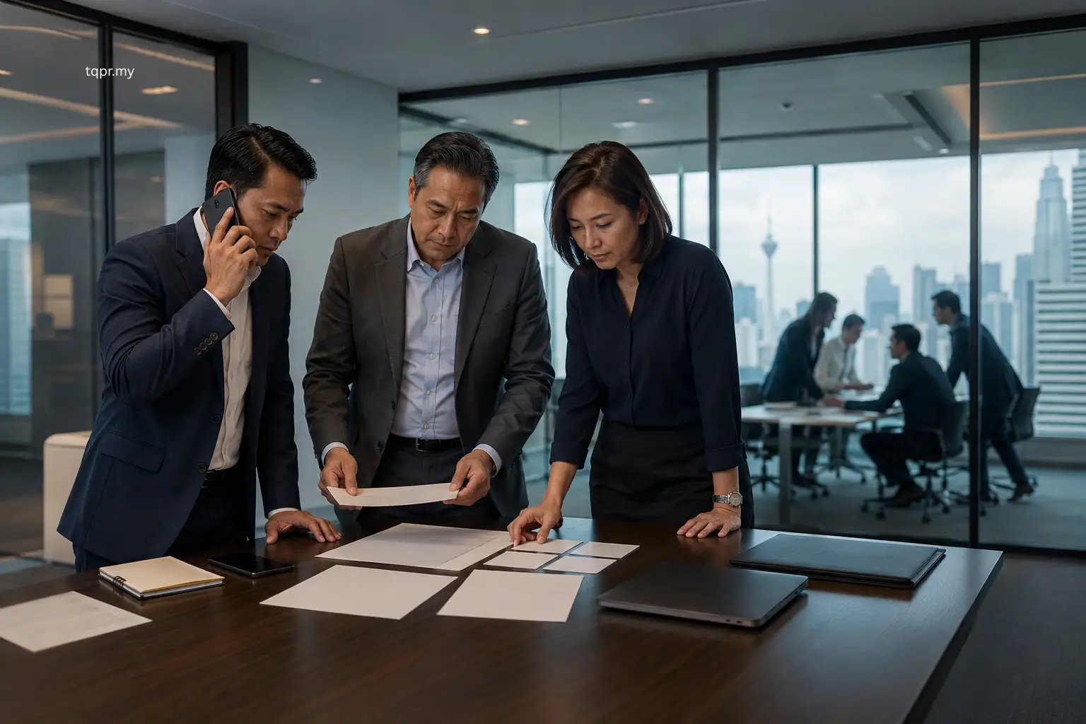 Malaysian leadership team coordinating media enquiries and stakeholder pressure as crisis communications support becomes necessary.