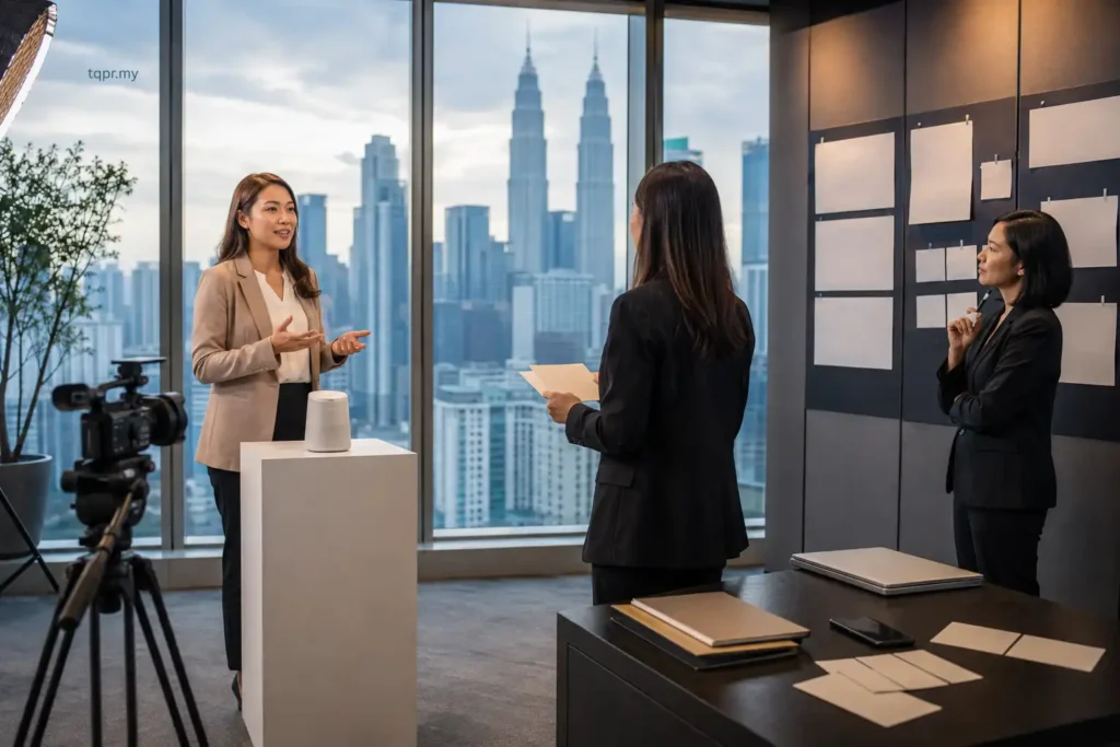 When Should You Involve an Event PR Agency in a Product Launch? 2 Event PR agency team preparing a product spokesperson, story angles and media questions before a Kuala Lumpur launch.