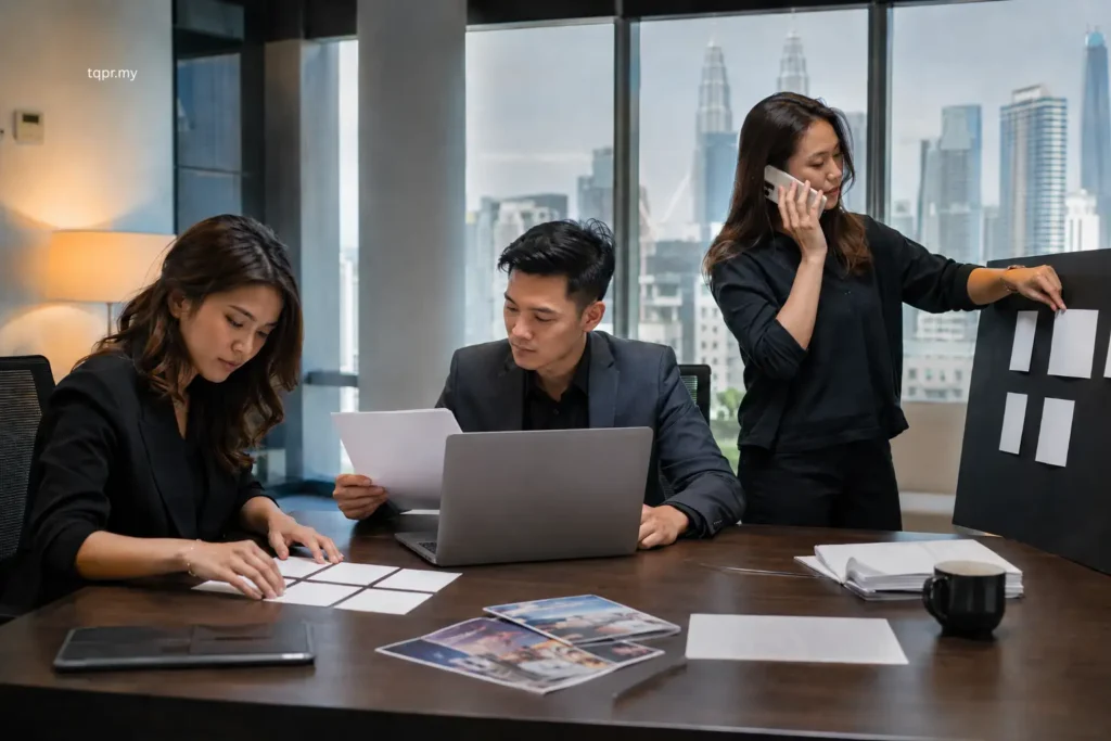 Media Relations Agency vs Press Release Distribution: What Is the Difference? 2 Media relations agency team in Malaysia selecting journalists and preparing targeted outreach.