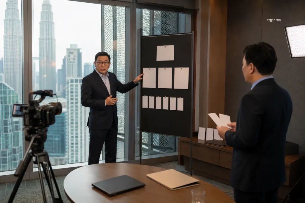 What Is a Message House and When Does Your Business Need One? 2 Asian Malaysian spokesperson using a message house framework during realistic media interview preparation.