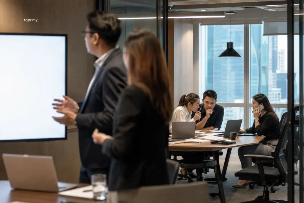 How to Choose a PR Agency in Malaysia: 7 Questions to Ask Before You Sign 2 PR agency pitch presenters in the foreground and the real delivery team working behind glass in a Kuala Lumpur office.