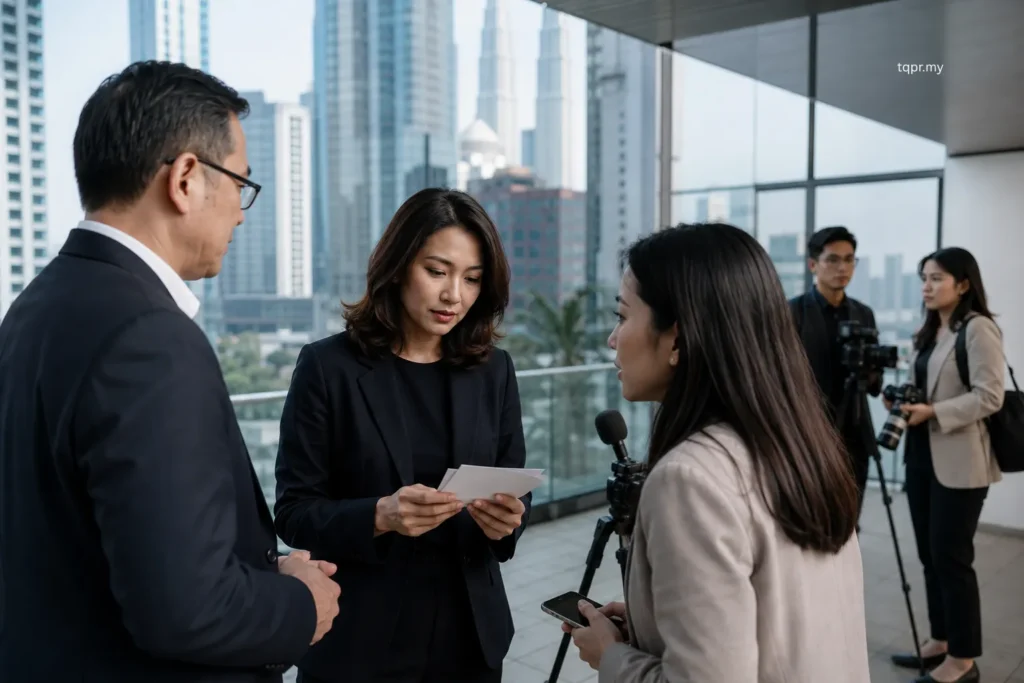 Corporate Communications vs Public Relations: What Is the Difference? 2 Public relations consultant coordinating a spokesperson and journalist interview during external media engagement in Malaysia.