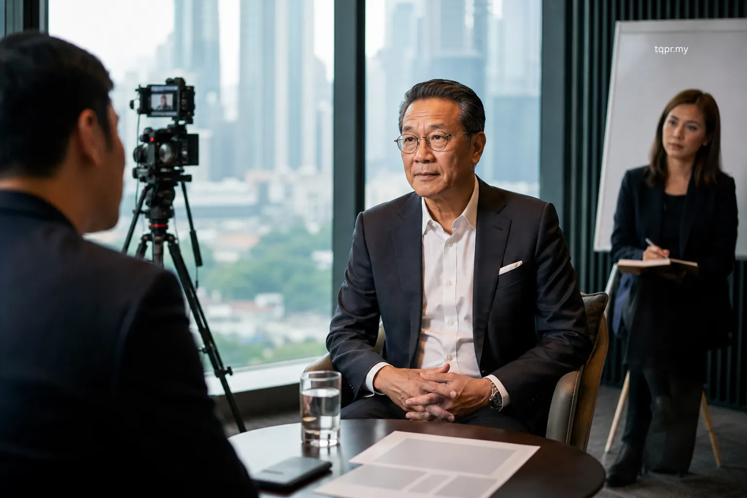 Asian Malaysian spokesperson completing a realistic spokesperson media training interview rehearsal in Kuala Lumpur.