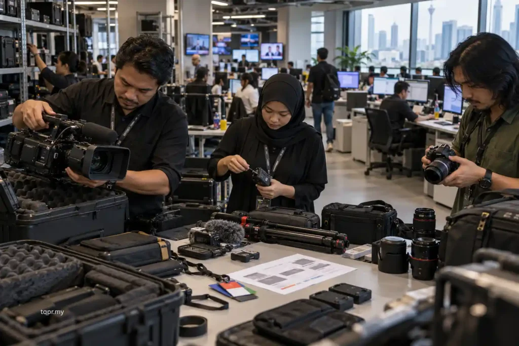 What Is a Media Advisory and When Should You Send One? 1 Malaysian newsroom crew preparing cameras and interview equipment after deciding a media advisory is worth assigning coverage.