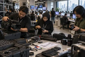 Blogs & Articles 1 Malaysian newsroom crew preparing cameras and interview equipment after deciding a media advisory is worth assigning coverage.