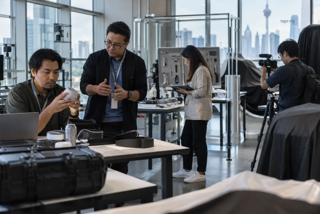 Embargo vs Exclusive: Which Media Approach Should You Use? 2 Malaysian journalists using embargoed early access to inspect a product, review evidence and prepare coverage before launch.