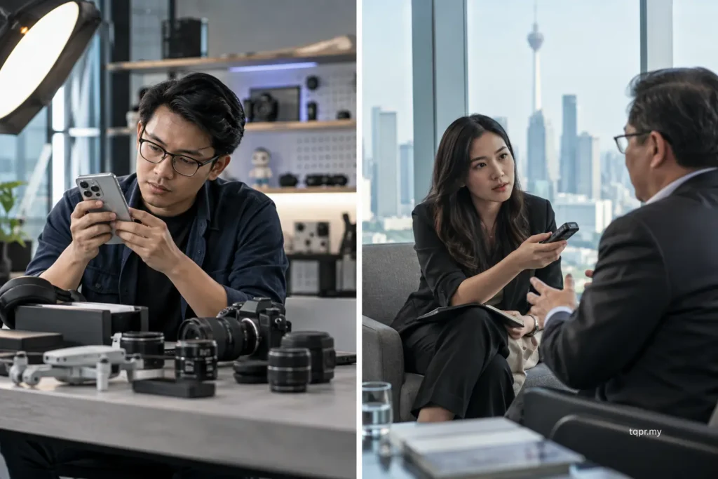 How to Build a Media List in Malaysia: 5 Critical Rules for Better Outreach 2 Two Malaysian technology journalists working on different beats, one reviewing consumer devices and one covering enterprise business issues.