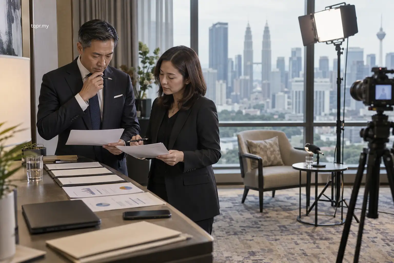 Malaysian corporate spokesperson reviewing key messages, verified facts and difficult questions before a media interview.