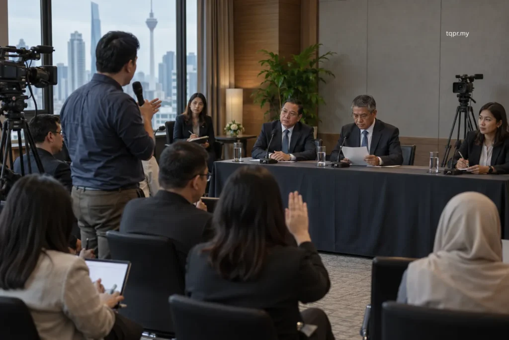 Does Your Announcement Need a Press Conference? 6 Critical Tests 2 Malaysian journalist asking a difficult live question to corporate spokespeople during a press conference.