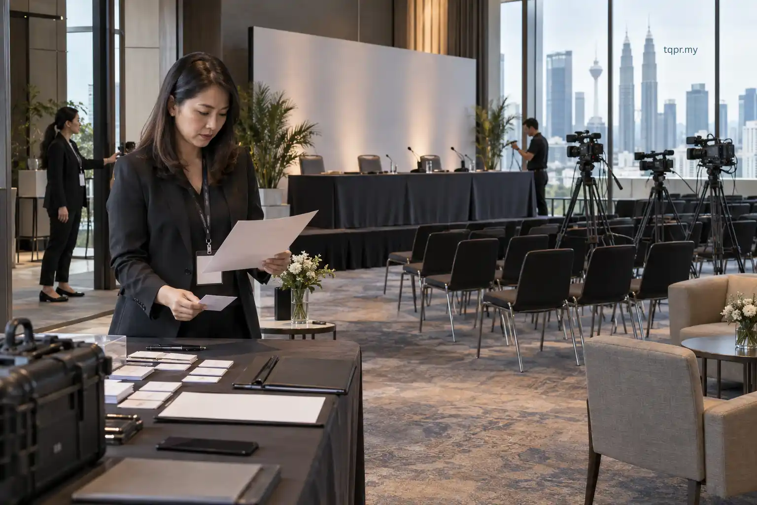 Malaysian communications team assessing a prepared press conference setup before journalists arrive.