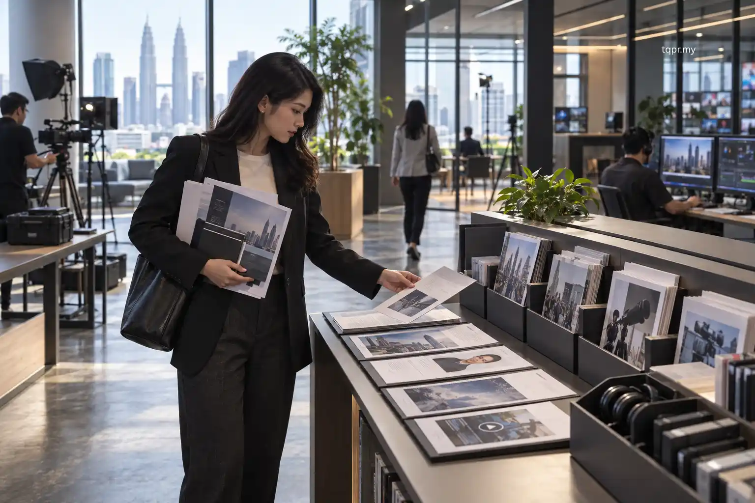 Malaysian journalist accessing organised press kit materials including news, background, visuals, spokesperson information and multimedia assets.