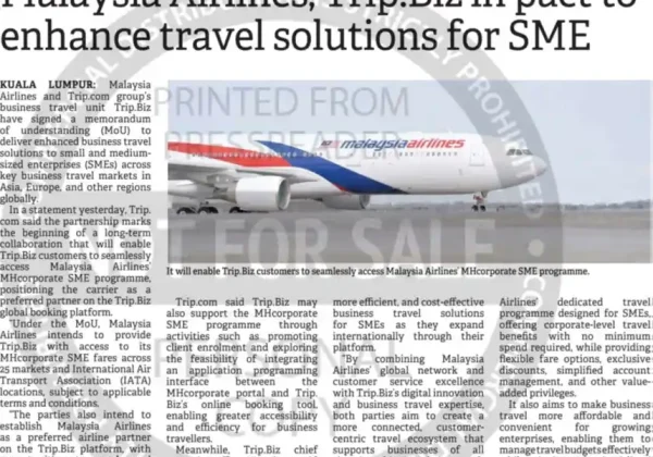 Screenshot of a news article about Malaysia Airlines and Trip.Biz partnering to enhance SME travel solutions