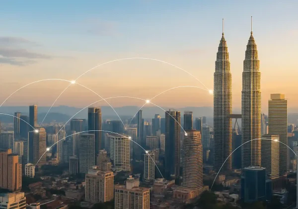 Home 7 Kuala Lumpur skyline with Petronas Twin Towers and glowing connection lines across the city
