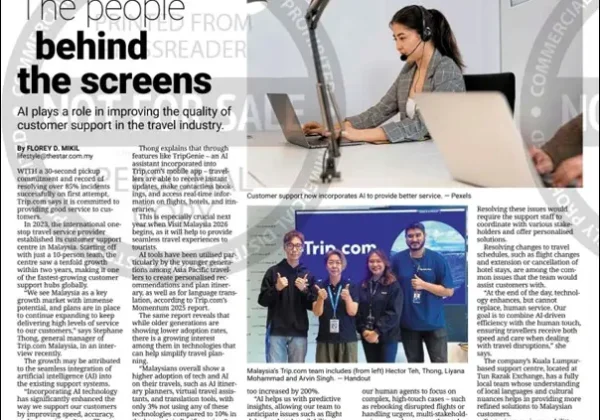 Home 5 Screenshot of a The Star newspaper article about Trip.com and AI improving customer support in the travel industry